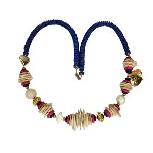 Wood Bead Necklace Blue Pink Disks Ivory Freeform Chunky Boho Tribal Jewelry 30"